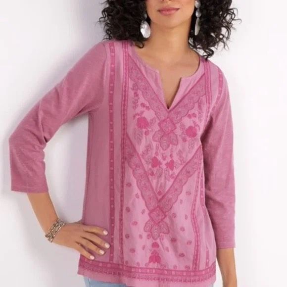 Soft Surroundings Coconut Dreams Mellow Mauve Embroidered Tunic Top M - Picture 1 of 13